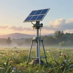 solarpunk dew harvester on a hazy field at sunrise, volumetric lighting, in the style of studio ghibli