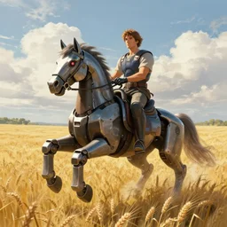 cinematic shot epic portrait of megaman riding a mechanical horse in middle of wheat fields, sunny, cloudy, broad light, ambient occlusion, volumetric light effect, made by ivan aivazovsky, peter mohrbacher, greg rutkowski, matte painting, trending on artstation, 4 k, perfectly defined features, digital painting, cinematic, epic, highly detailed