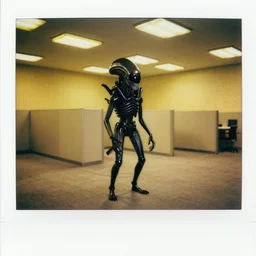 black glossy xenomorph, endless abandoned office cubicles, pale yellow wallpaper, walls are plastered in only mono yellow, rectangular florescent lights randomly arranged on a drop down ceiling, and a old, tan brown carpet across the floor between the cross section walls, poloroid, dramatic lighting, photorealistic, art by h. r. giger and chris foss and beksinski