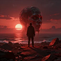 dark matter red infernal world future landscape ocean and sun limbo hyper 4D reflection in the horror them open street schizophrenia and stratification of consciousness mind mad spirit man highly detailed full HD 8K resolution