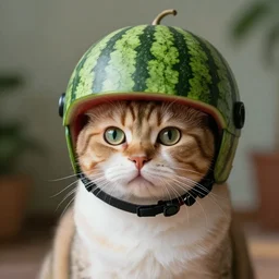 photo of a cat wearing a helmet made of a watermelon. fantasy horror style. highly detailed 8 k. intricate. lifelike. soft light. nikon d 8 5 0 5 5 mm. dof. cinematic post - processing.