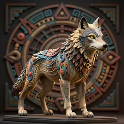 A photo-real delicate sculpture of an ornate detailed wolf in front of a intricate background by AJ Fosik, micro detail, backlit lighting, octane renderer, colorful, physically based rendering, tribal art, trending on cgsociety
