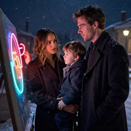 winter, colin farrell with jessica alba, with their son, neon light, painting by gaston bussiere, craig mullins, j. c. leyendecker