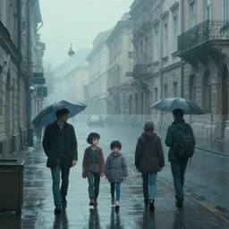 movie scene of a downtown, lviv, a very misty day, rainy day, by ian mcque ferdinand knab, makoto shinkai and lois van baarle, artgerm, pixar, ilya kuvshinov,, tom bagshaw, global illumination