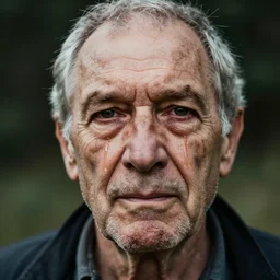 a photographic portrait of a rugged elderly man with tears running down face by Martin Schoeller