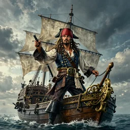 A high fantasy pirate captain on a ship, by Peter Mohrbacher and Craig Mullins, wide full shot, official media, beautiful, detailed, high quality, wallpaper 4K, epic, trending on artstation and behance, dynamic lightning