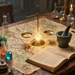hyper real, table, map, wizards laboratory, tony sart, mortar, pestle, scales, energy flowing, magic book, beakers of colored liquid