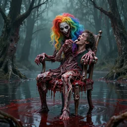 a portrait of a beautiful flesh - eating timikawa with rainbow fur eating a screaming man, sitting on chair made of human limbs, the chair is floating in a lake of blood, surrounding the lake are melting trees, digital art, hyperrealistic nightmare scene, supernatural, highly detailed, creepy, terrifying