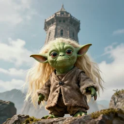 yoda in a tall tower with long blonde hair