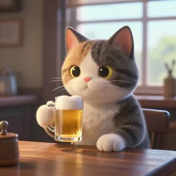 a cat in the tavern holding a mug of beer, early morning light from window, craig mullins, hayao miyasaki, artstation, 3 d render, octane