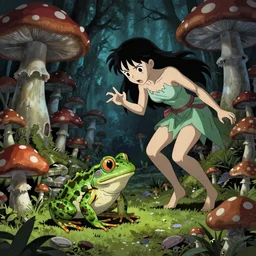 scary godlike fairy killing a frog in a detailed mushroom village, superb Resolution , art style of junji ito, cel animation , masterpiece , post-processing , intricate , hyper realistic anime , perfect pixel art , vibrant colors