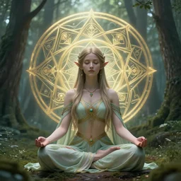 elven princess meditating in forest, digital art, trending on artstation, ultra detailed, intricate, sacred geometry, serene, beautiful, photo, realistic, perfect, smooth, 8k