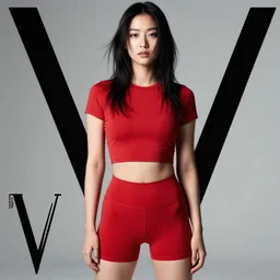 suzu Hirose wearing crop red gym top, cropped red yoga short, V magazine editorial by Mario Testino, masterwork