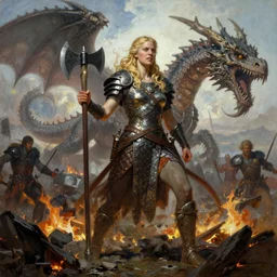 An oil painting of a beautiful blonde viking woman posing with an axe on a smoldering battlefield, dragon scale armor, very aesthetic, detailed face, by Frank Frazetta, Greg Rutkowski, Boris Vallejo, Neal Hanson, Christian MacNevin, epic fantasy character art, goddess of war, goddess of anger, high fantasy, full length, exquisite detail, post-processing, low angle, masterpiece, cinematic, colossal dragon in background