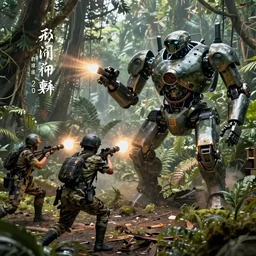 Ragtag militia fighting advanced humanoid combat robots in a jungle in 2020, combat photography by Feng Zhu, highly detailed, excellent composition, cinematic concept art, dramatic lighting, trending on ArtStation