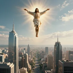 futuristic city on the sky with jesus christ coming down from the sky