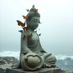 on a foggy morning, a group of butterflies perched on a large, broken buddha statue by the sea, by craig mullins