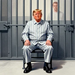 editorial illustration portrait of trump in prison, sitting in a chair, wearing a ( ( striped outfit ) ), mads berg, karolis strautniekas, stippled light, dramatic lighting,, matte print, ( ( ( ( prison cell ) ) ) ) bars, isometric, dark blue + dark orange + orange + beige + black + white, dynamic composition, moody,