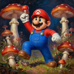 oil painting of super mario as shaman in real life tripping on mushrooms, fine art, psychedlic trip. magic mushrooms, super mario bros, hyper detailed, cinematic lighting,, dark atmoshopere, octane rendered, ultrarealistic, artstation, high definition, 4 k, art by greg rutkowski, art by cd projekt red, classical oil painting