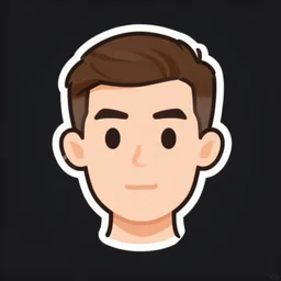 cartoon logo of a man in his twenties with short brown hair and a small chin