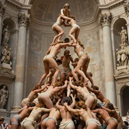 hundreds of undressed women climbing on each other, incredible catalan human tower highly detailed, digital painting, matte, like a incredible giant sculpture at the kingdom of julius caesar, no clothes, roman historic works, hyper - detailed, world renowned artists, historic artworks society, antique renewal, intricate, sharp focus, art by michelangelo cinematic, octane render - h 1 2 8 0