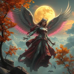 an epic angelic fantastic hyperdetailed 3 d matte painting of a cybernetically enhanced female cyberpunk sorceress angel in distant heavens under autumn moon color scheme by peter mohrbacher by alan m clark by jakub rozalski by simon stalenhag