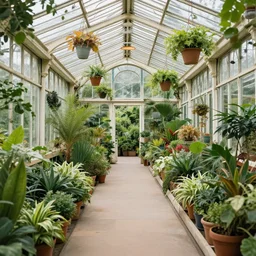 victorian greenhouse corridor decorated with potted plants, hyper realism