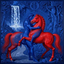 only with blue, ney motogrosso in love love, a red horse, in hoc signo vinces, waterfall in background, an ancient path, in the style of beksinski, max ernst, gottfried helnwein, intricate composition, blue by caravaggio, insanely quality, highly detailed, masterpiece, red light, artstation