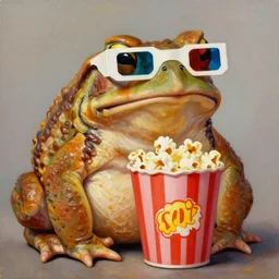 hyper realistic oil painting of a fat toad in a 3 d anaglyph glasses eat popcorn, vibrant colors, high contrast, by greg rutkowski, trending on artstation