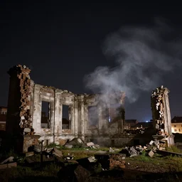 1 8 th century city ruins at night realistic smoke above