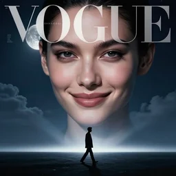 3 d, sci - fi, close - up, night, smiling fashion model face, moon rays, cinematic, clouds, vogue cover style, a man walks to the horizon, blue mood, intricate oil painting, high detail illustration, figurative art, multiple exposure, poster art, 3 d, by tooth wu and wlop and beeple and greg rutkowski