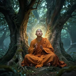 ancient monk worshipping under the tree of wisdom, magical world, by greg rutkowski, sung choi, photo realistic, 8 k, cinematic lighting, hd, atmospheric, hyperdetailed, trending on artstation, devainart, digital painting, glow effect