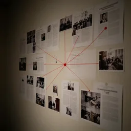 a wall with papers and photos. conspiracy theory. red line connecting dots. investigation. dimmed light