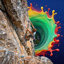 rock climbing view from above splash art graphic design color splash high contrasting art, fantasy, highly detailed, rule of thirds art by greg rutkowski
