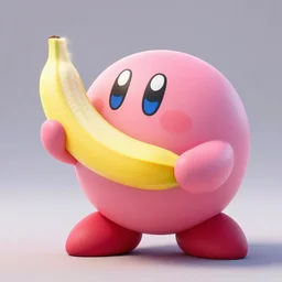 3 d render of a beautiful and accurate kirby eating a banana and taking its shape. pink kirby. intricate, professionnal digital art, octane render.