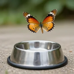 butterfly flying out of filled dogbowl, medium shot photograph
