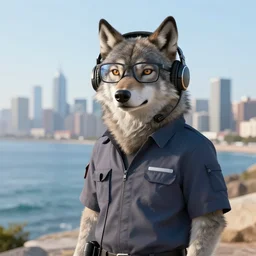 an anthropomorphic wolf technician wearing headphones and glasses standing in front of a coastal skyline, 4k photorealistic character