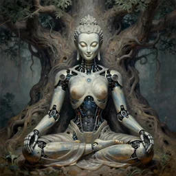 perfectly centered, symmetrical, front view of a beautiful biomechanical alien robot buddha in meditating under a tree of consciousness, female, flowing hair, intense stare, sarcastic smile, concept art, intricate detail, volumetric shadows and lighting, realistic oil painting by alex grey and gustave dore,
