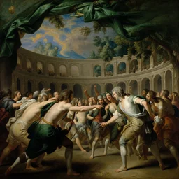 epic battle at a colloseum, green drapery, hanging tarp ceiling showing the stars, lush trees, stoic, light dust, magnificent, hyperdetailed, theatrical, close up, masterpiece, painted by jean honore fragonard and greg rutkowski