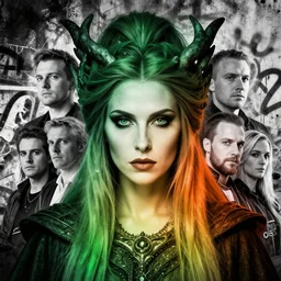 highly detailed closeup portrait of queen of druids, really epic gradient, by richard kane fergusson, by greg rutkowski, by greg tocchini, by james gilleard, by joe fenton, by kaethe butcher, gradient green orange rainbow, black and white color scheme, grunge aesthetic, graffiti tag wall background