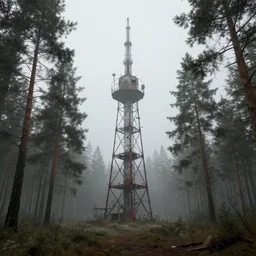 Derelict Radio Tower in a pine forest landscape, very foggy and hazy, rendered by zdzisław beksiński, simon stålenhag, Beeple, environment concept, digital art, starwars, unreal engine, 3 point perspective, WLOP, trending on artstation, low level, 4K UHD image, octane render,