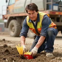 tom cruise dressed as a construction worker planting fries in the ground, digital art, highly - detailed, artstation cgsociety masterpiece