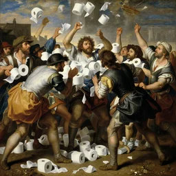 an renaissance oil painting depicting customers fighting over toiletpaper, lots of toiletpaper , masterpiece, detailed oil painting, historical, battle