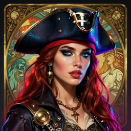 a head and shoulders portrait of a space pirate, neon, retro, steampunk, smooth, sharp focus, intricate, artstation, detailed concept art by Rutkowski and Mucha and sky sewa and Marc Simonetti