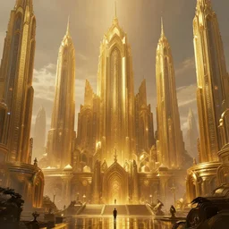 a matte painting of beautiful religious golden science fiction city, cinematic lighting, hd, atmospheric, hyper detailed, trending on artstation, deviantart, digital painting, concept art smooth sharp focus illustration, art by artgerm, greg rutkowski, craig mullins and raoul marks