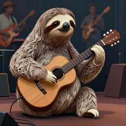 matte painting of a realistic bipedal sloth, long airy fur with human face, playing a guitar, rock stage, in the style of laszlo moholy - nagy, gerard sekoto, thorburn, stylized, ornately detailed, chromatic aberration