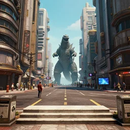 tall dieselpunk buildings on a long street, a giant godzilla monster surrounded by people, telephone wires between the buildings, signs and flatscreens, a flat ornate marble step down from the street, newpaper boxes, dslr, hdr, octane render, 3 d shading, cgsociety, horde 3 d, volumetric lighting, ray tracing, 3 dexcite, zbrush