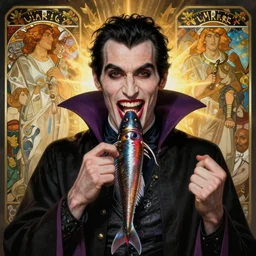 portrait of a vampire!!!! with a sea lamprey!!!! mouth!!!, in the styles of ( national geographic ), ( ( alphonse mucha ) ), peter mohrbacher, gerald brom, and marc simonetti, intricate, hyperrealistic, volumetric lighting
