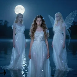 teenage goddess and ether spirits by the moonlit lake by tom bagshaw