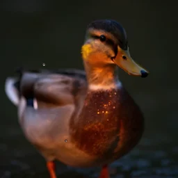 a blurry image of a duck in the dark, water drops, orange light, a microscopic photo by ker - xavier roussel, featured on flickr, art photography, flickering light, macro photography, luminescence